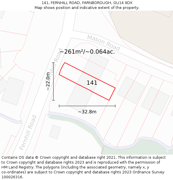 141, FERNHILL ROAD, FARNBOROUGH, GU14 9DX: Plot and title map