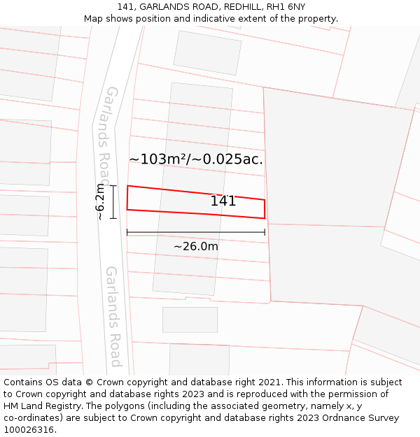 141, GARLANDS ROAD, REDHILL, RH1 6NY: Plot and title map