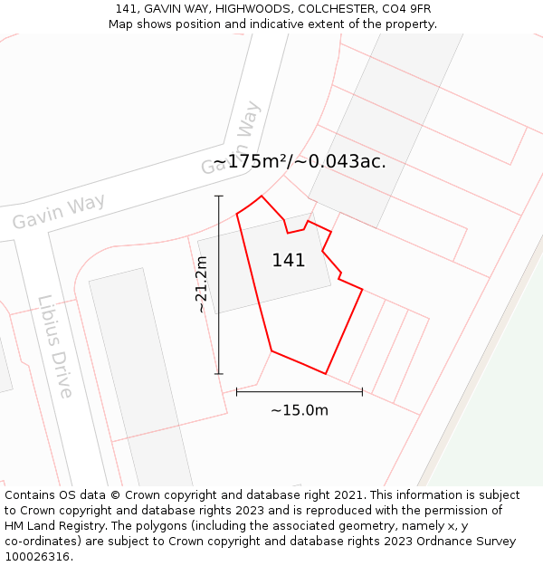 141, GAVIN WAY, HIGHWOODS, COLCHESTER, CO4 9FR: Plot and title map