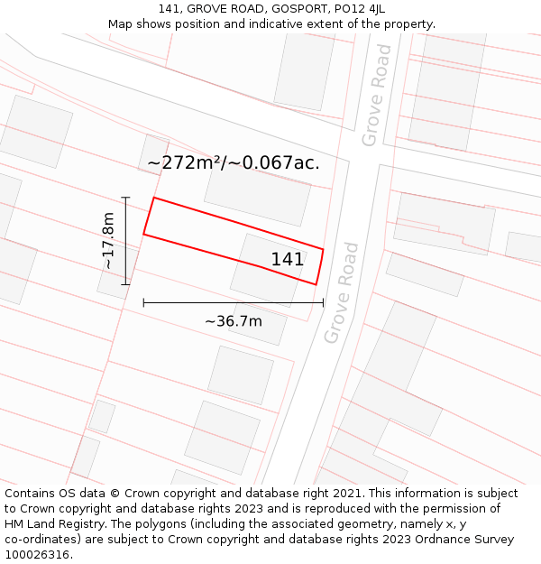 141, GROVE ROAD, GOSPORT, PO12 4JL: Plot and title map