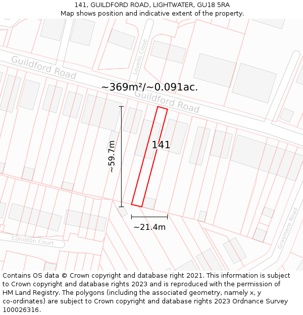 141, GUILDFORD ROAD, LIGHTWATER, GU18 5RA: Plot and title map