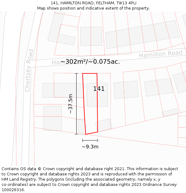 141, HAMILTON ROAD, FELTHAM, TW13 4PU: Plot and title map