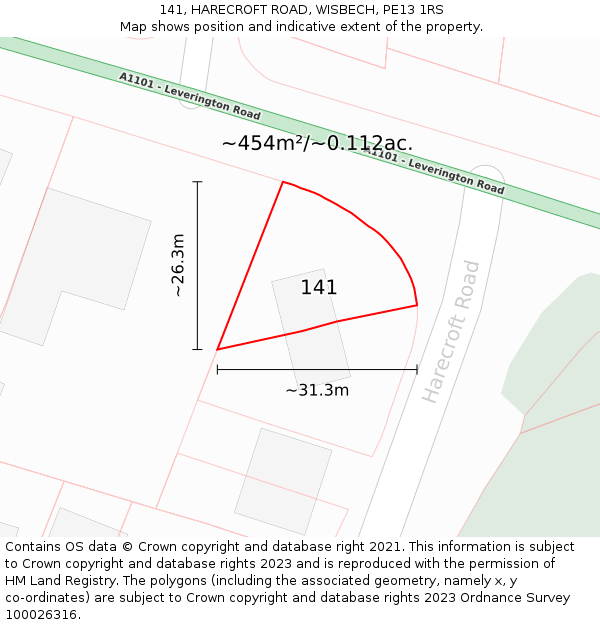 141, HARECROFT ROAD, WISBECH, PE13 1RS: Plot and title map