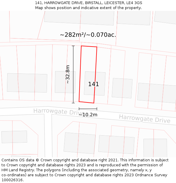 141, HARROWGATE DRIVE, BIRSTALL, LEICESTER, LE4 3GS: Plot and title map