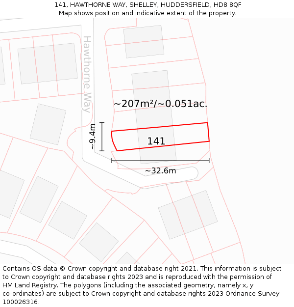 141, HAWTHORNE WAY, SHELLEY, HUDDERSFIELD, HD8 8QF: Plot and title map