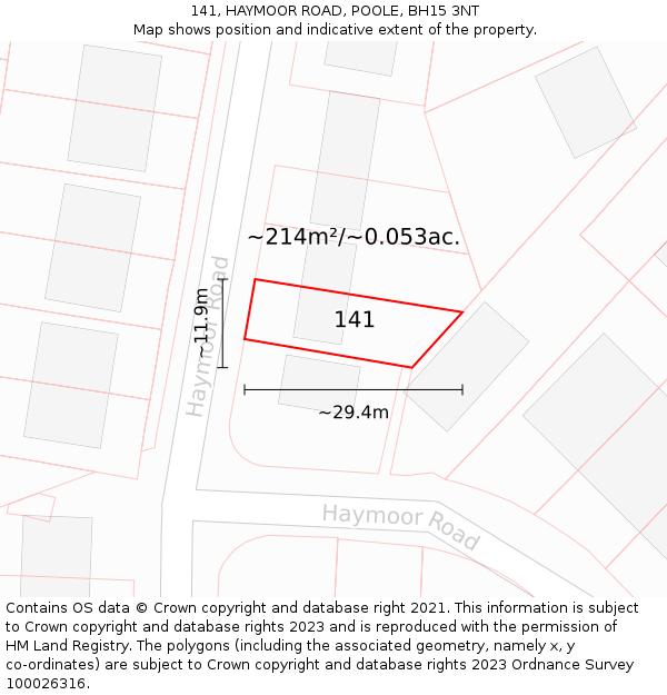 141, HAYMOOR ROAD, POOLE, BH15 3NT: Plot and title map