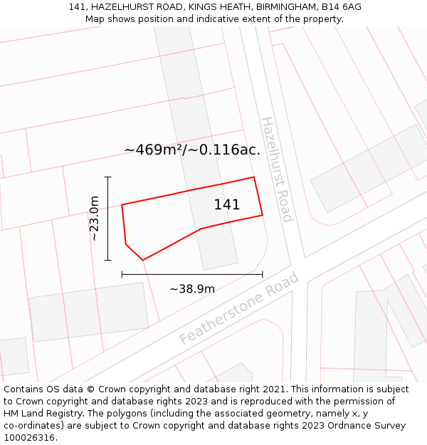 141, HAZELHURST ROAD, KINGS HEATH, BIRMINGHAM, B14 6AG: Plot and title map