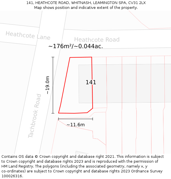 141, HEATHCOTE ROAD, WHITNASH, LEAMINGTON SPA, CV31 2LX: Plot and title map