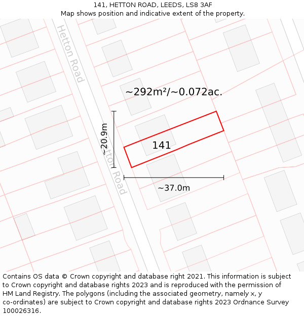 141, HETTON ROAD, LEEDS, LS8 3AF: Plot and title map