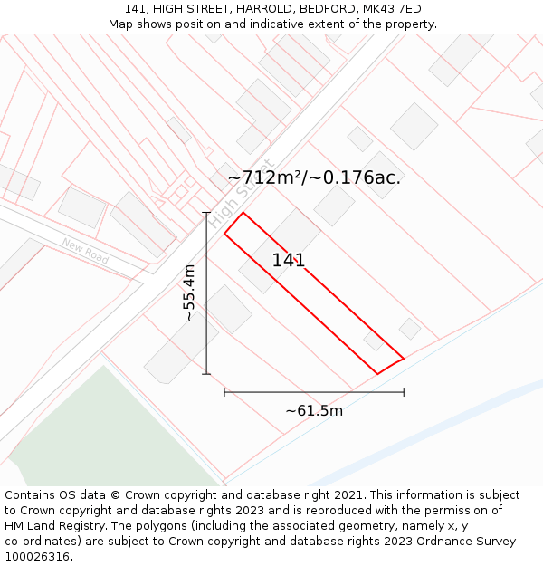 141, HIGH STREET, HARROLD, BEDFORD, MK43 7ED: Plot and title map