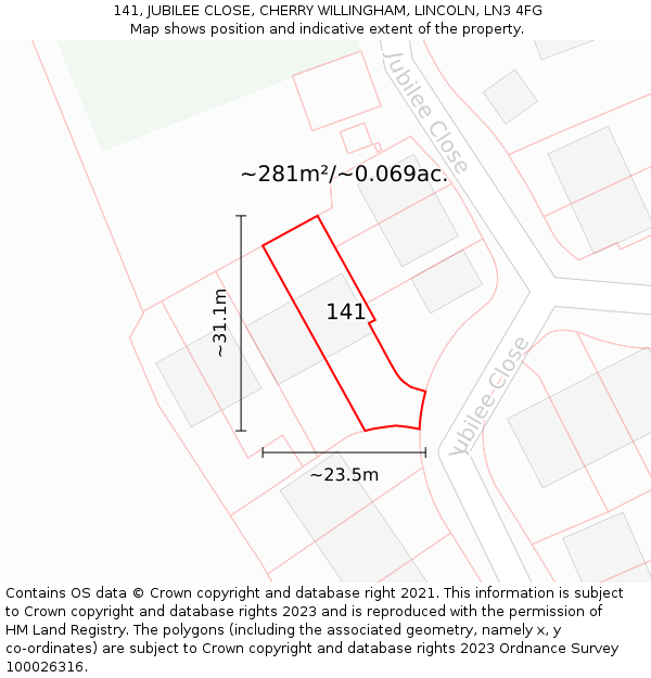 141, JUBILEE CLOSE, CHERRY WILLINGHAM, LINCOLN, LN3 4FG: Plot and title map