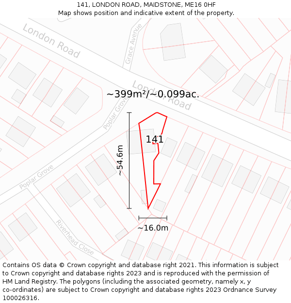 141, LONDON ROAD, MAIDSTONE, ME16 0HF: Plot and title map