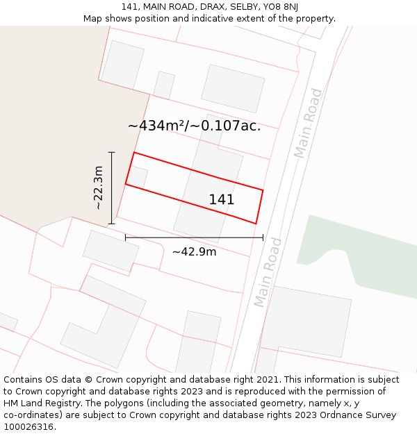 141, MAIN ROAD, DRAX, SELBY, YO8 8NJ: Plot and title map