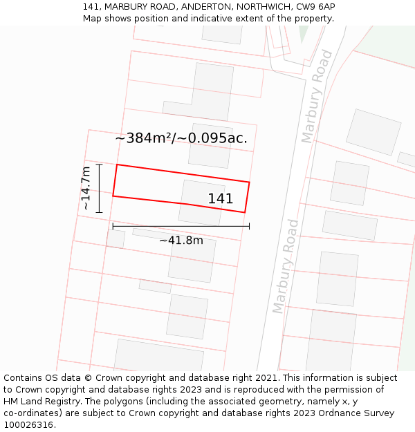 141, MARBURY ROAD, ANDERTON, NORTHWICH, CW9 6AP: Plot and title map