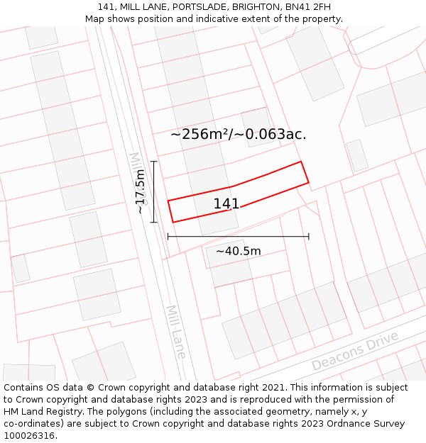 141, MILL LANE, PORTSLADE, BRIGHTON, BN41 2FH: Plot and title map