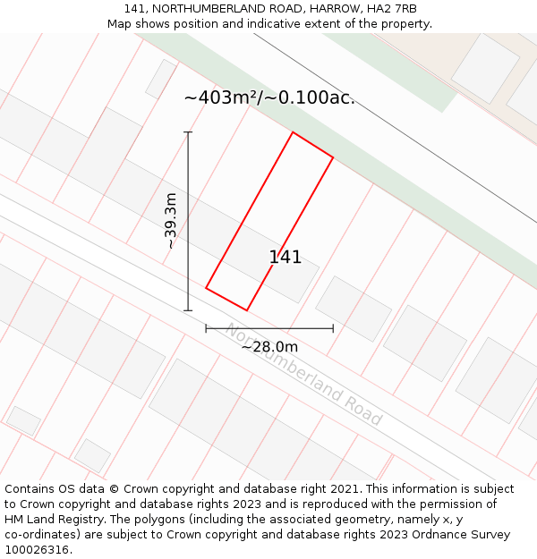 141, NORTHUMBERLAND ROAD, HARROW, HA2 7RB: Plot and title map