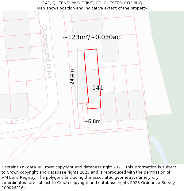 141, QUEENSLAND DRIVE, COLCHESTER, CO2 8UQ: Plot and title map