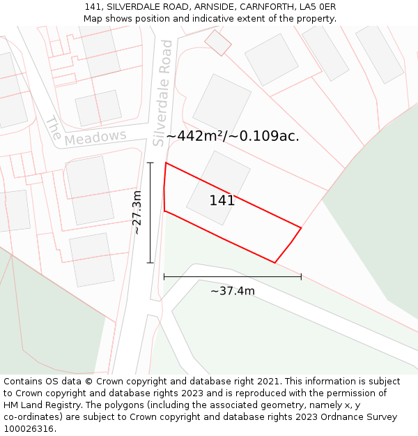 141, SILVERDALE ROAD, ARNSIDE, CARNFORTH, LA5 0ER: Plot and title map