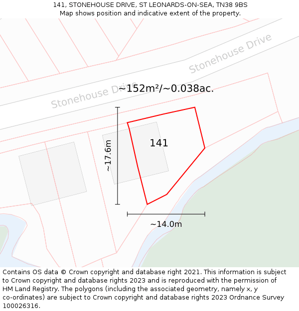 141, STONEHOUSE DRIVE, ST LEONARDS-ON-SEA, TN38 9BS: Plot and title map