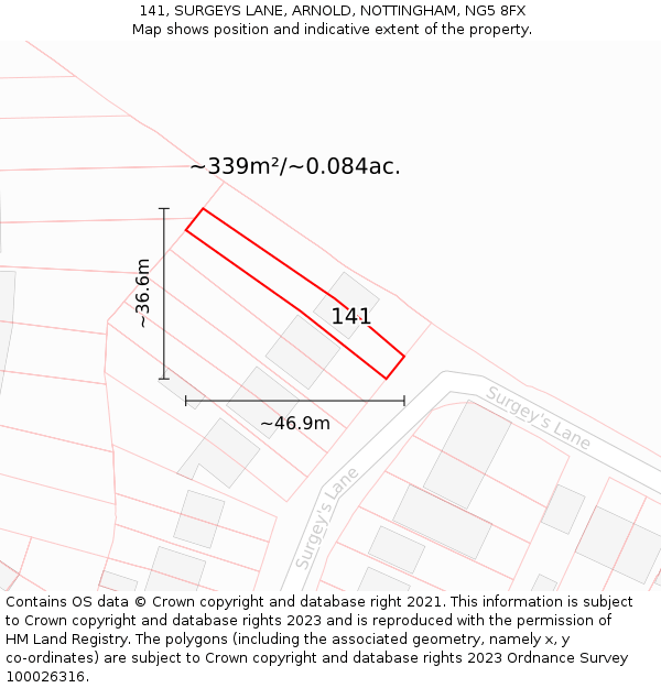 141, SURGEYS LANE, ARNOLD, NOTTINGHAM, NG5 8FX: Plot and title map