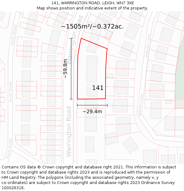 141, WARRINGTON ROAD, LEIGH, WN7 3XE: Plot and title map