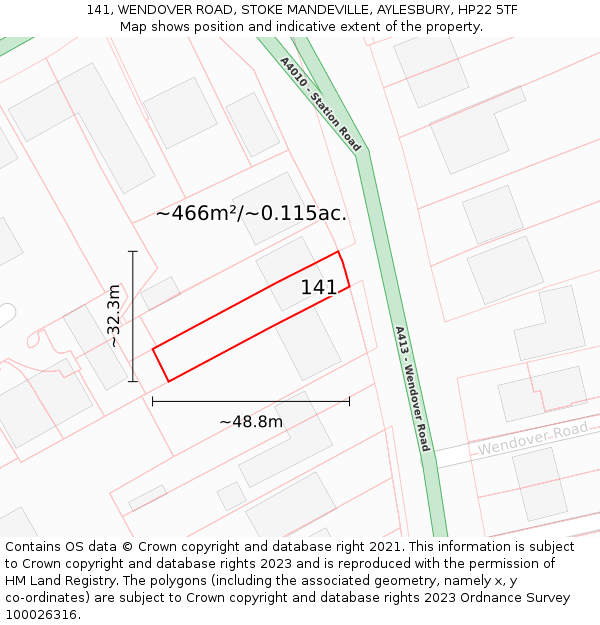 141, WENDOVER ROAD, STOKE MANDEVILLE, AYLESBURY, HP22 5TF: Plot and title map