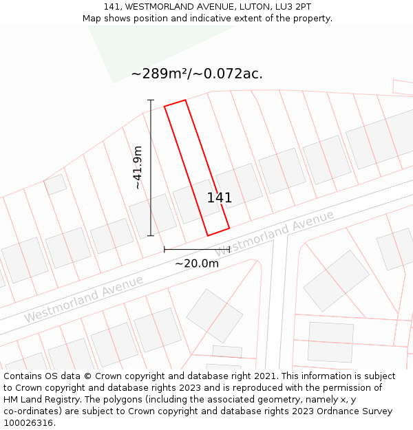 141, WESTMORLAND AVENUE, LUTON, LU3 2PT: Plot and title map
