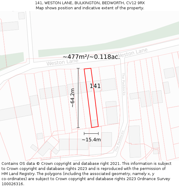 141, WESTON LANE, BULKINGTON, BEDWORTH, CV12 9RX: Plot and title map