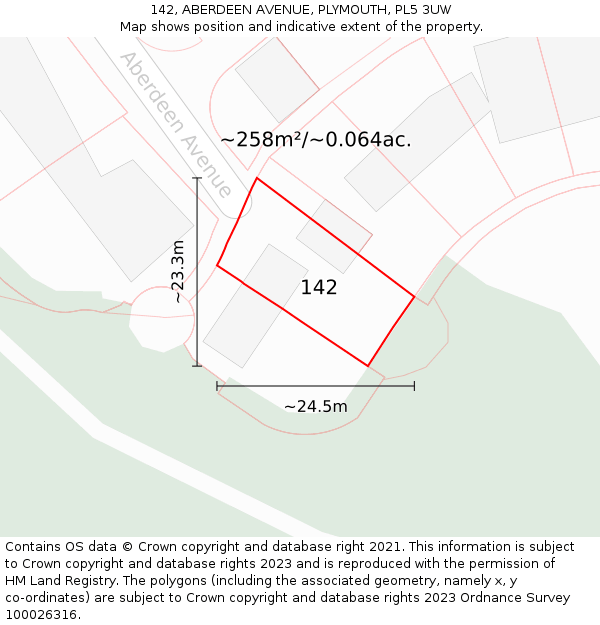 142, ABERDEEN AVENUE, PLYMOUTH, PL5 3UW: Plot and title map