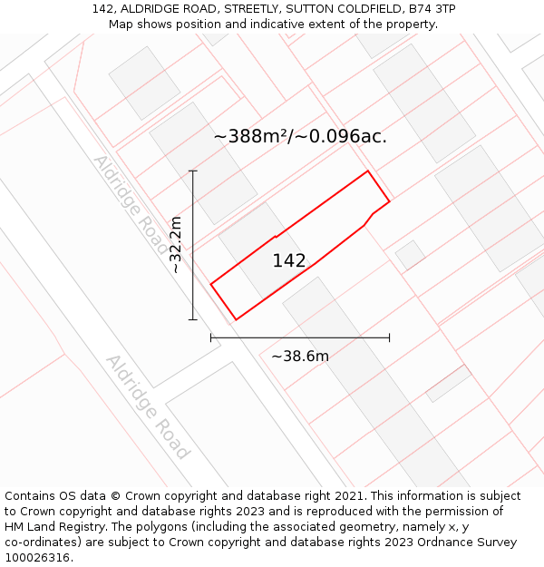 142, ALDRIDGE ROAD, STREETLY, SUTTON COLDFIELD, B74 3TP: Plot and title map