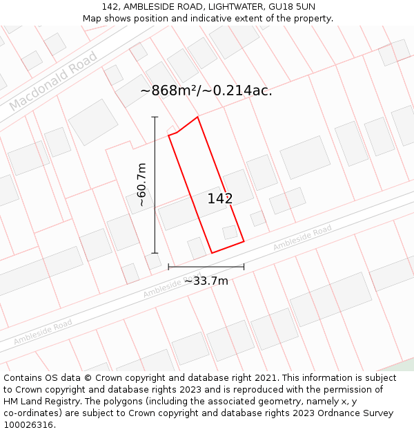 142, AMBLESIDE ROAD, LIGHTWATER, GU18 5UN: Plot and title map