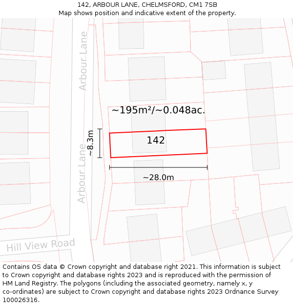 142, ARBOUR LANE, CHELMSFORD, CM1 7SB: Plot and title map