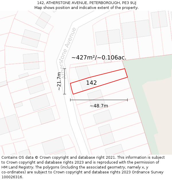 142, ATHERSTONE AVENUE, PETERBOROUGH, PE3 9UJ: Plot and title map