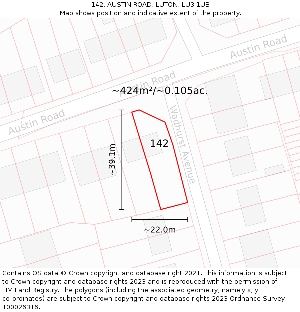 142, AUSTIN ROAD, LUTON, LU3 1UB: Plot and title map