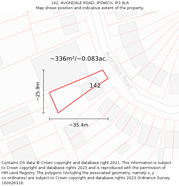 142, AVONDALE ROAD, IPSWICH, IP3 9LA: Plot and title map