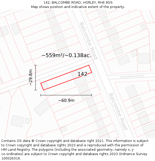 142, BALCOMBE ROAD, HORLEY, RH6 9DS: Plot and title map