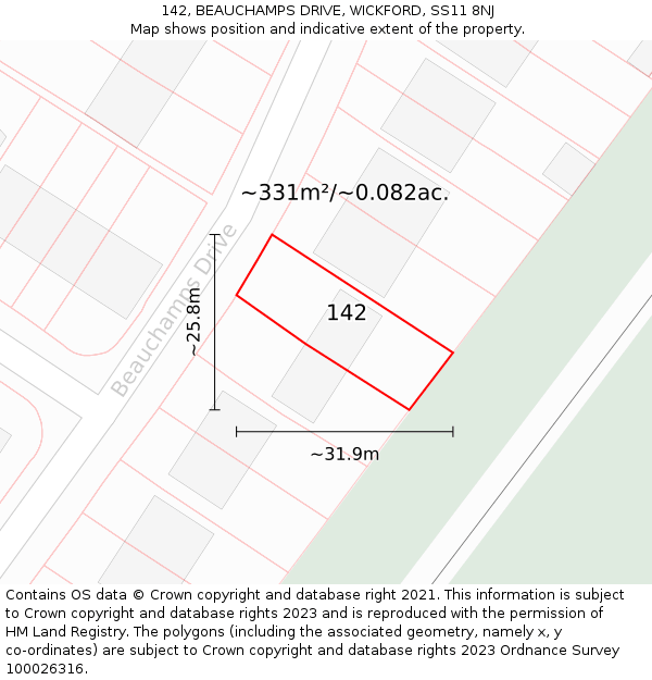 142, BEAUCHAMPS DRIVE, WICKFORD, SS11 8NJ: Plot and title map