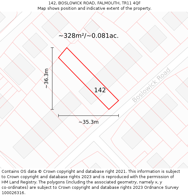 142, BOSLOWICK ROAD, FALMOUTH, TR11 4QF: Plot and title map