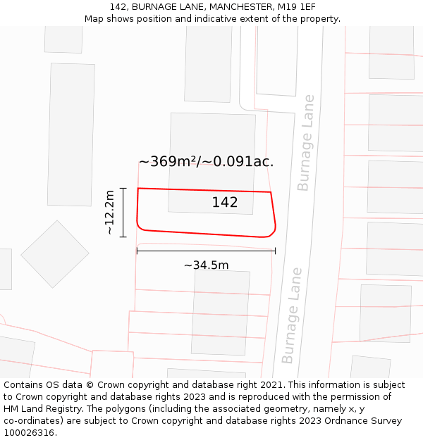 142, BURNAGE LANE, MANCHESTER, M19 1EF: Plot and title map