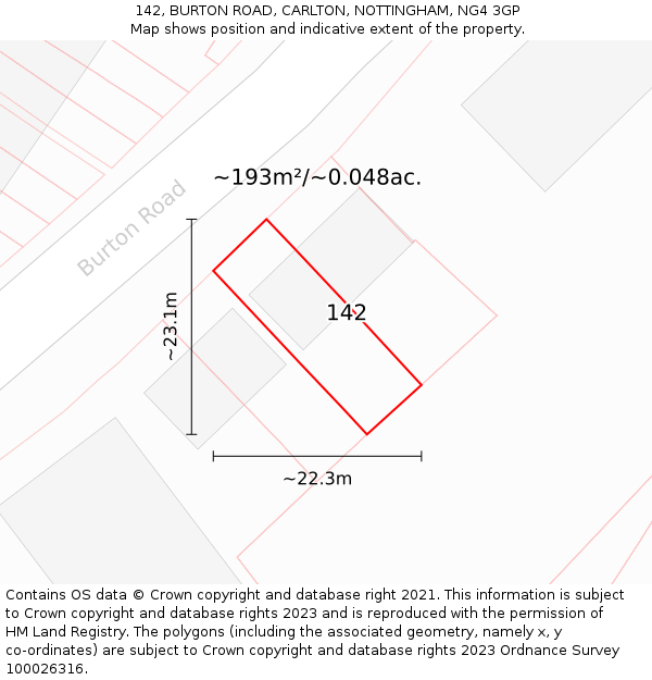 142, BURTON ROAD, CARLTON, NOTTINGHAM, NG4 3GP: Plot and title map