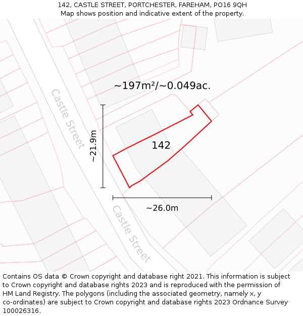 142, CASTLE STREET, PORTCHESTER, FAREHAM, PO16 9QH: Plot and title map