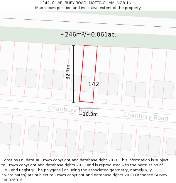 142, CHARLBURY ROAD, NOTTINGHAM, NG8 1NH: Plot and title map