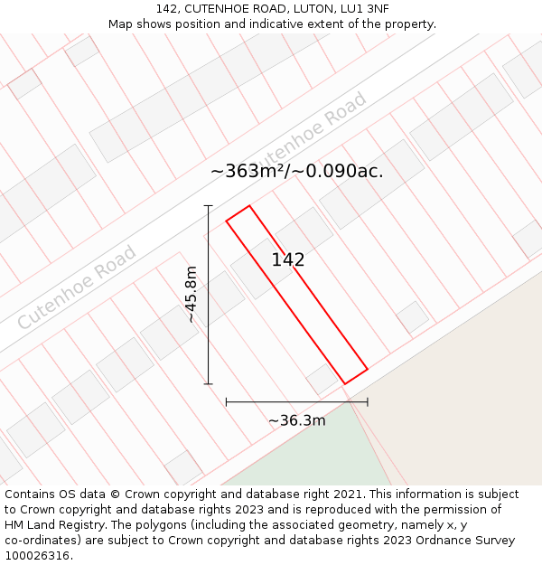 142, CUTENHOE ROAD, LUTON, LU1 3NF: Plot and title map