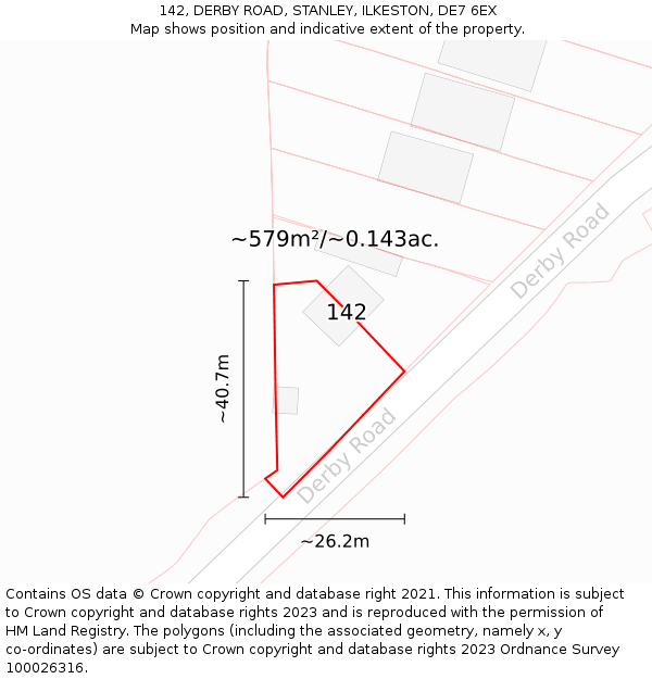 142, DERBY ROAD, STANLEY, ILKESTON, DE7 6EX: Plot and title map