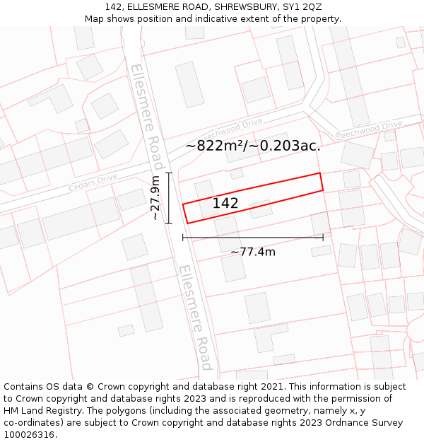 142, ELLESMERE ROAD, SHREWSBURY, SY1 2QZ: Plot and title map