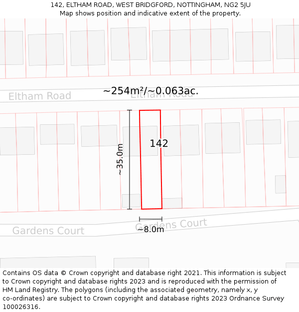 142, ELTHAM ROAD, WEST BRIDGFORD, NOTTINGHAM, NG2 5JU: Plot and title map