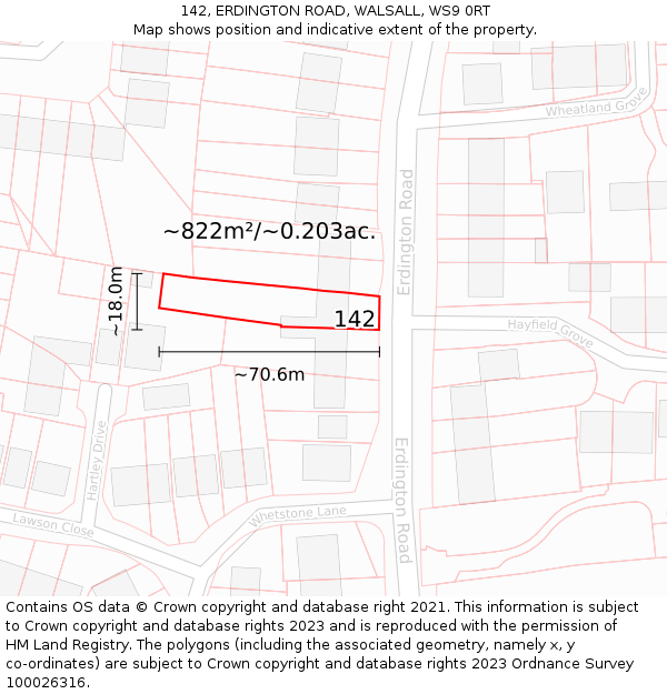 142, ERDINGTON ROAD, WALSALL, WS9 0RT: Plot and title map
