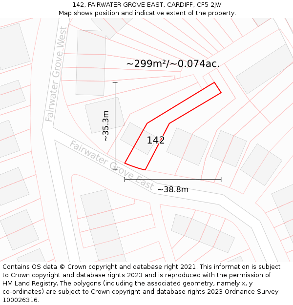 142, FAIRWATER GROVE EAST, CARDIFF, CF5 2JW: Plot and title map