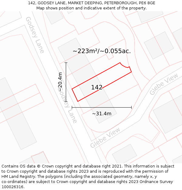 142, GODSEY LANE, MARKET DEEPING, PETERBOROUGH, PE6 8GE: Plot and title map