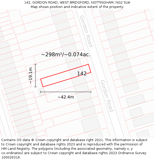 142, GORDON ROAD, WEST BRIDGFORD, NOTTINGHAM, NG2 5LW: Plot and title map